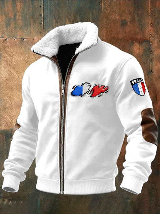 Men's French Flag Casual White Zip-Up Jacket
