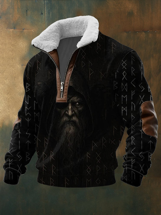 Férfi misztikus viking szakállas figura & rúna nyomtatás sherpa nyakörv pulóver hoodie