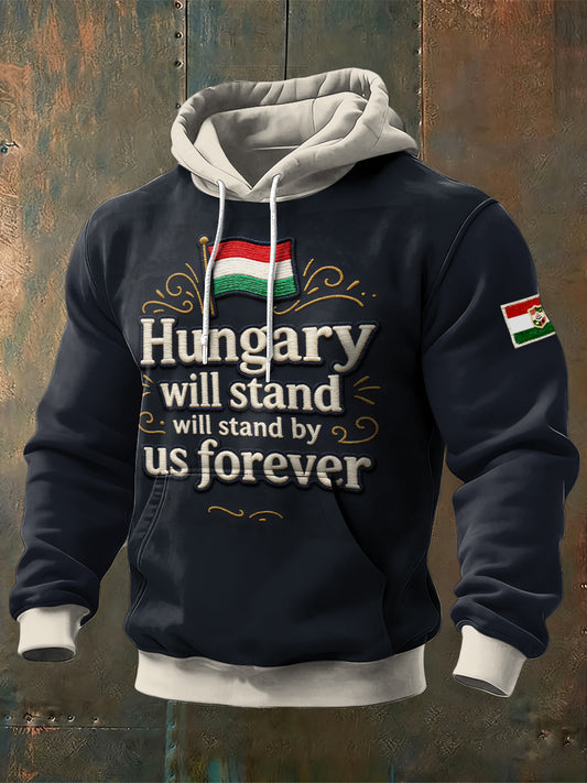 Férfi fekete csuklyás pulóver magyarország zászló hímzés nyomtatás