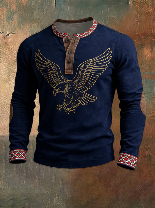 Férfi karcsú navy eagle grafikus henley ing