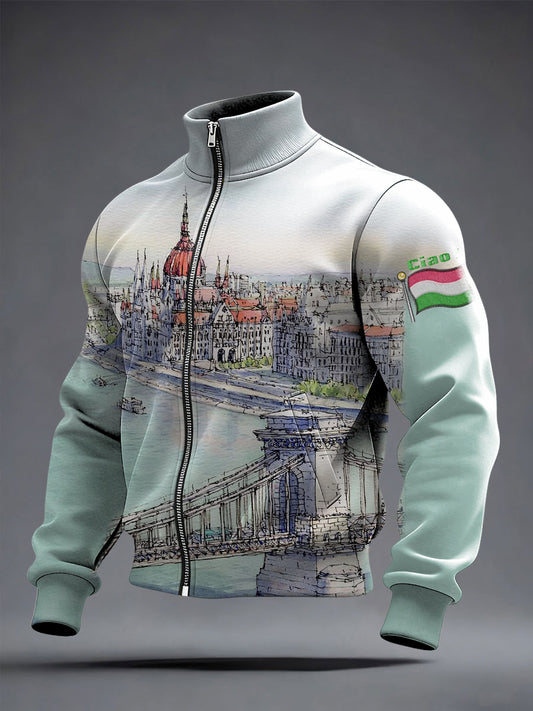 Férfi művészi budapest skyline akvarell kabát