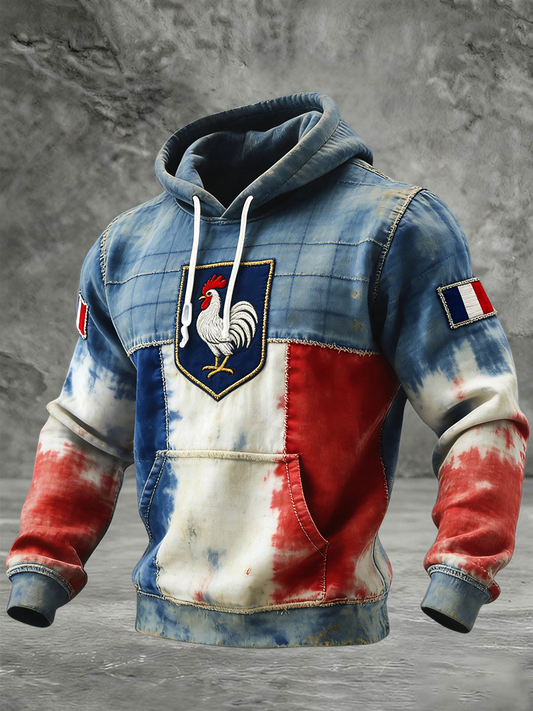 Chandail à capuchon surdimensionné avec poches Drapeau Français Le Coq Gaulois Homme