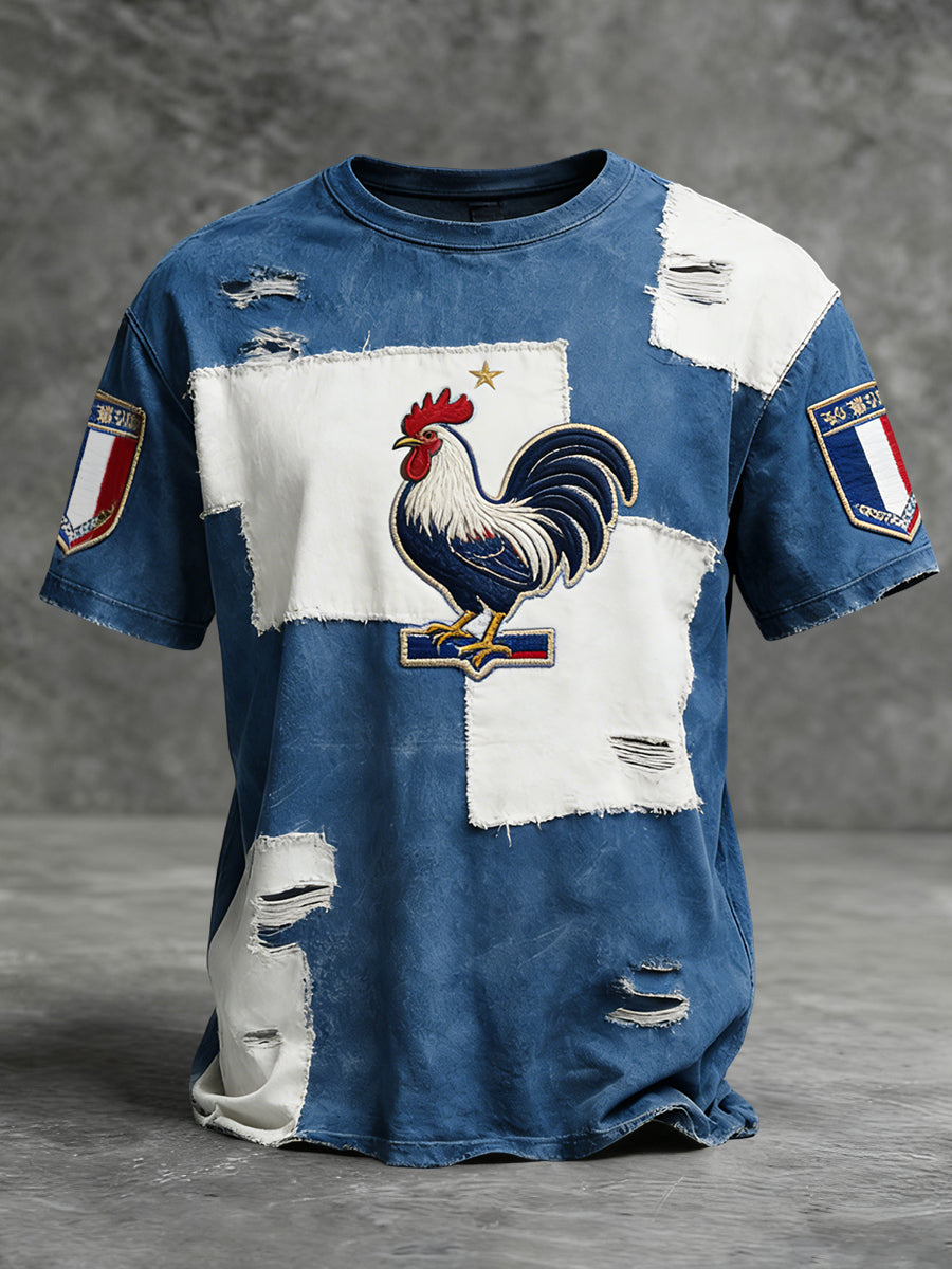T-shirt décontracté patchwork de coq français délavé vintage