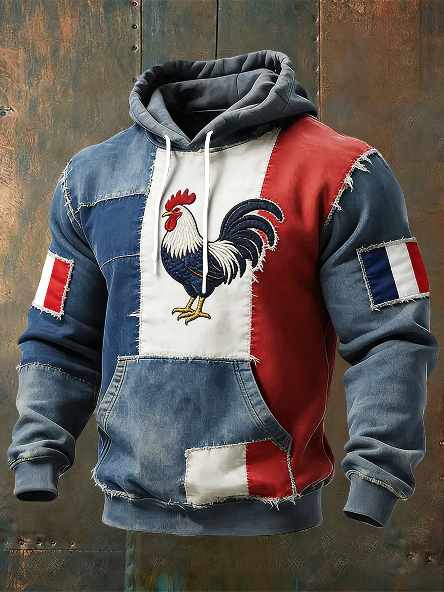 Sweat à capuche décontracté patchwork drapeau français délavé vintage