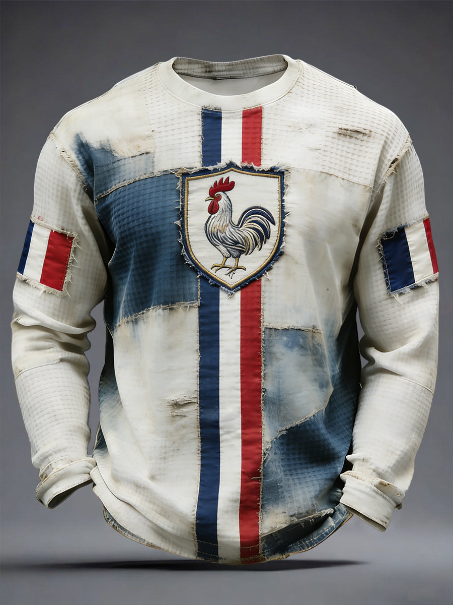 Drapeau français rétro Color-Block Waffle Weave T-shirt décontracté
