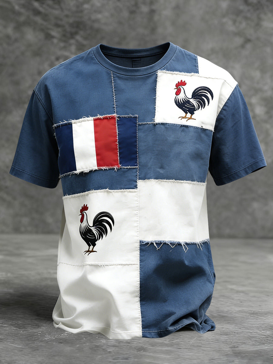 T-shirt décontracté rétro drapeau français patchwork