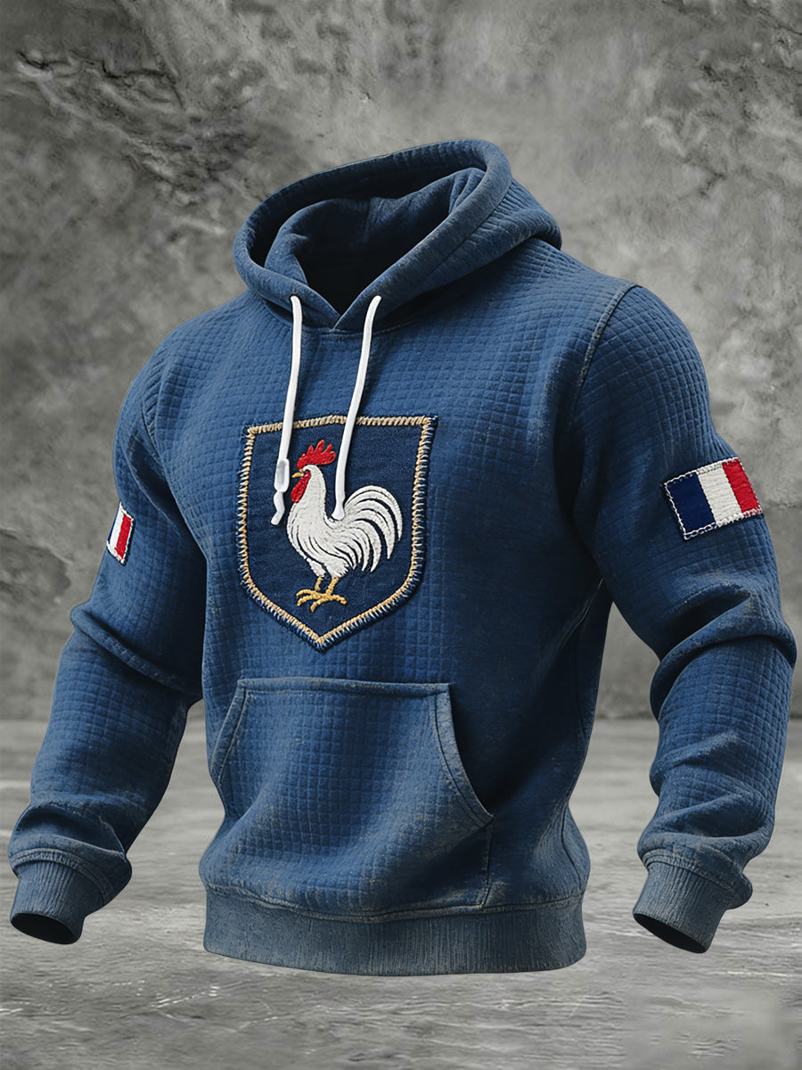 Sweat à capuche décontracté gaufré coq drapeau français rétro