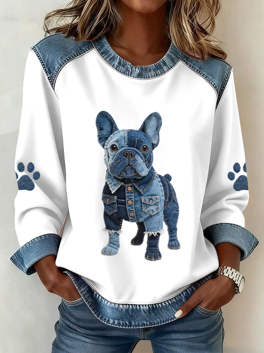 Femmes Belle Français Bulldog Motif Denim Patchwork Sweatshirt