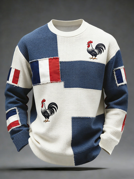 Rétro Drapeau Français Patchwork Casual Waffle Weave T-shirt