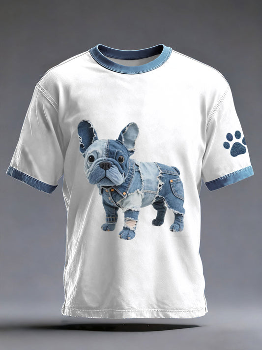 Denim Patchwork Art bouledogue français modèle lavé T-Shirt des hommes