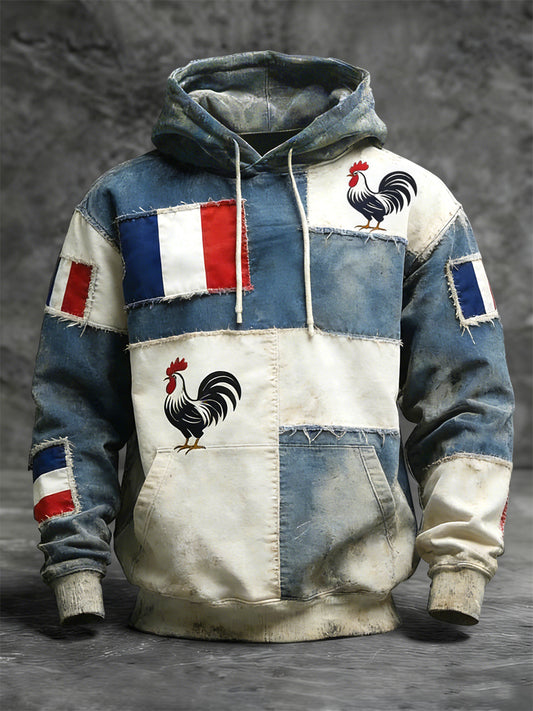 Vintage-Lavé Drapeau Français Coq Patchwork Casual Hoodie