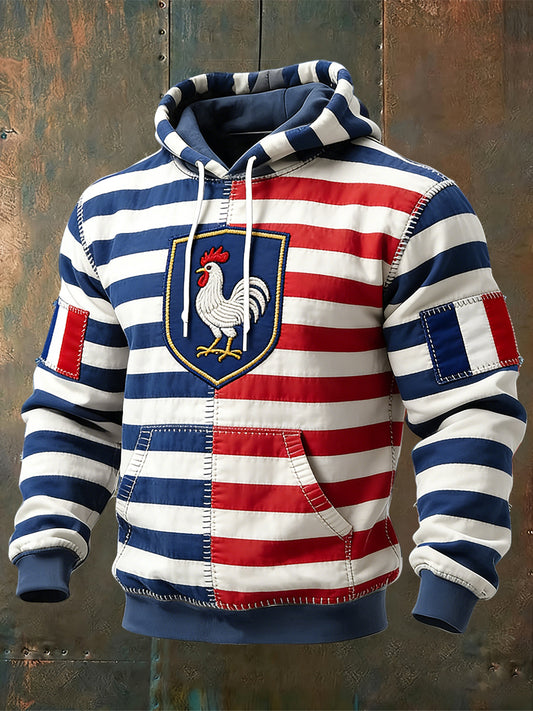 Sweat à capuche décontracté rayé rétro coq français