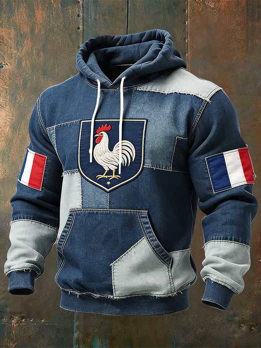 Rétro Français Coq Denim Patchwork Casual Hoodie
