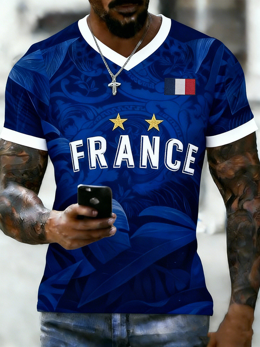 T-shirt à col en V imprimé France Football pour homme