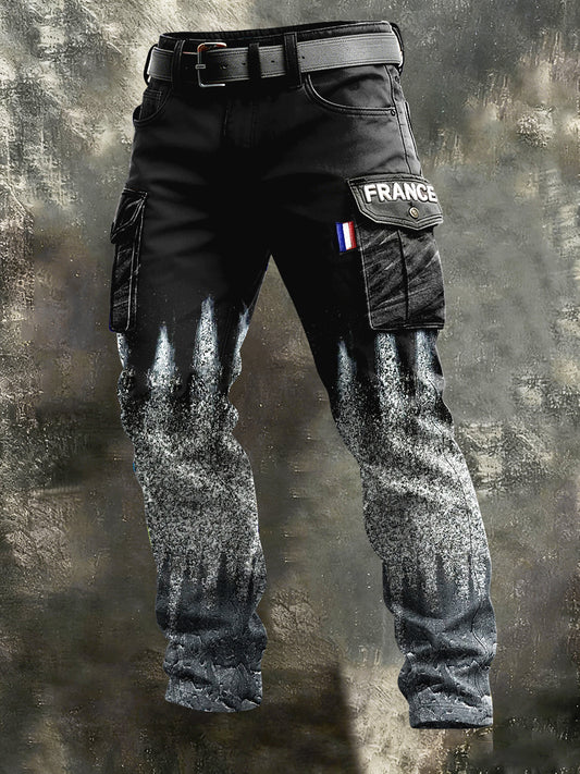 Pantalon De Travail Homme Noir Patchwork Imprimé Minimaliste Français