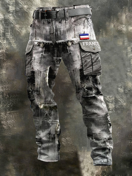 Pantalon de travail en patchwork gris imprimé drapeau français pour hommes