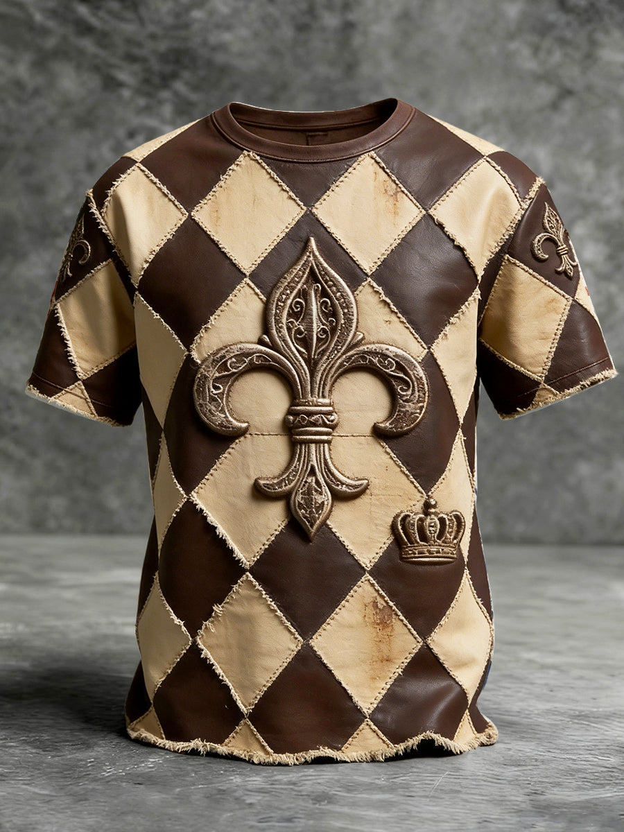 T-shirt à manches courtes à motif diamant Vintage Patchwork Homme