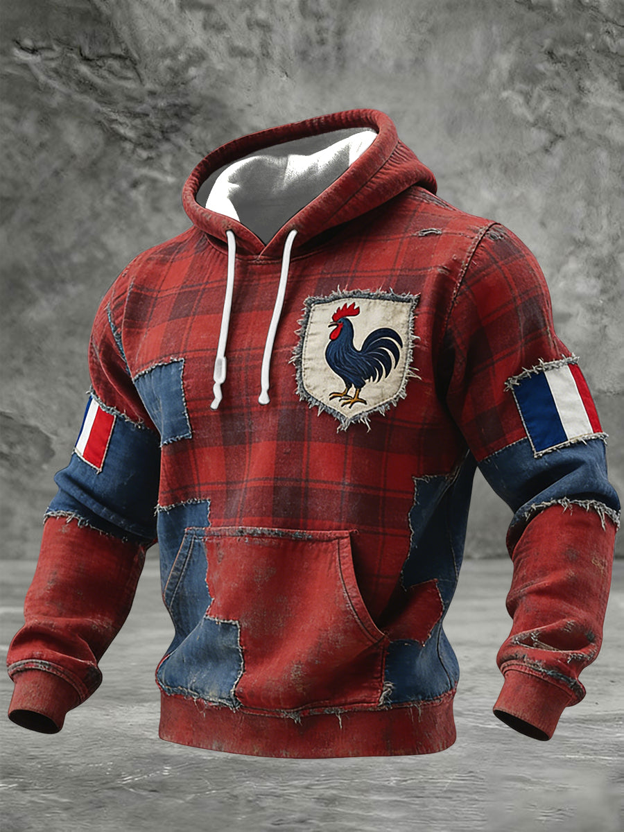 Rétro Français Coq Check Patchwork Waffle-Weave Casual Hoodie