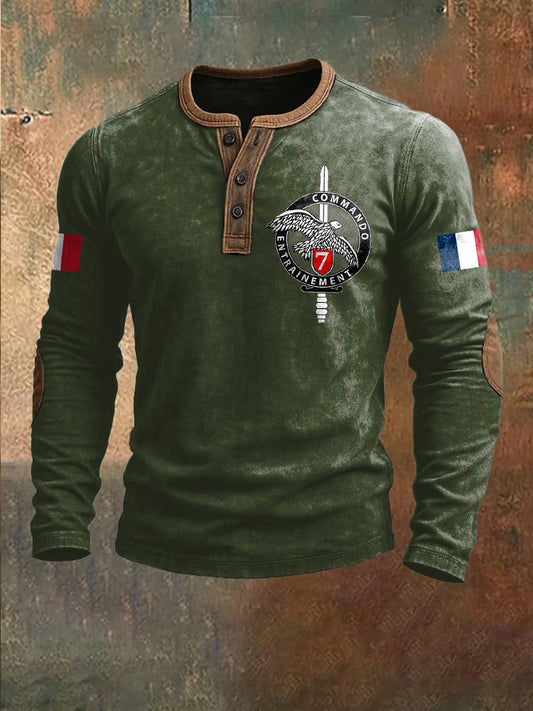 Chemise Henley Décontractée Insigne Rétro Armée Française