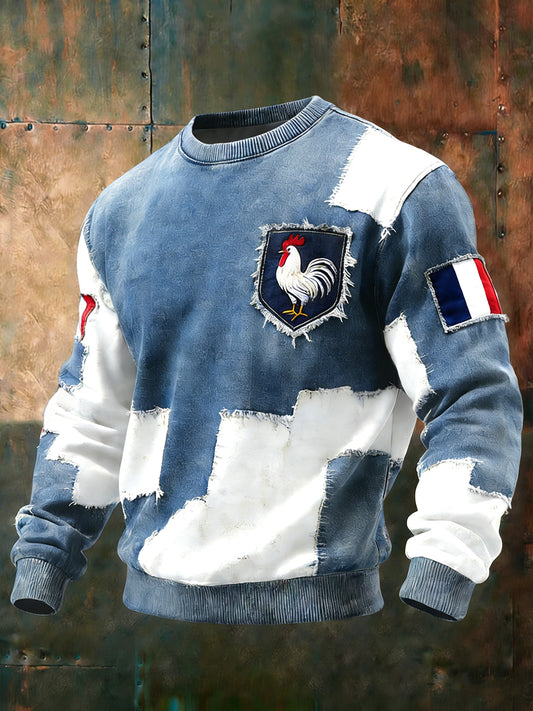 Rétro Français Coq Emblème Patchwork Casual Crewneck Pull