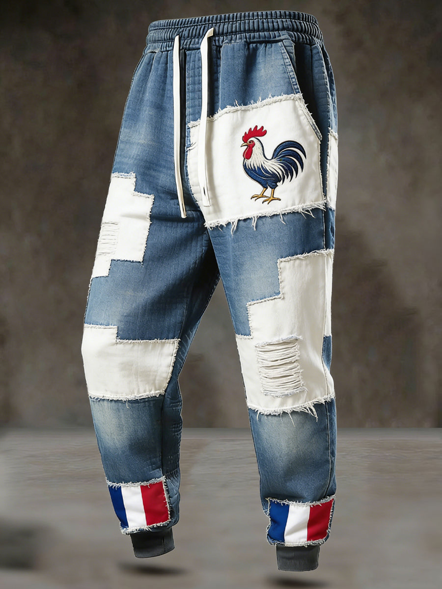 Rétro Français Coq Emblème Patchwork Pantalon Décontracté