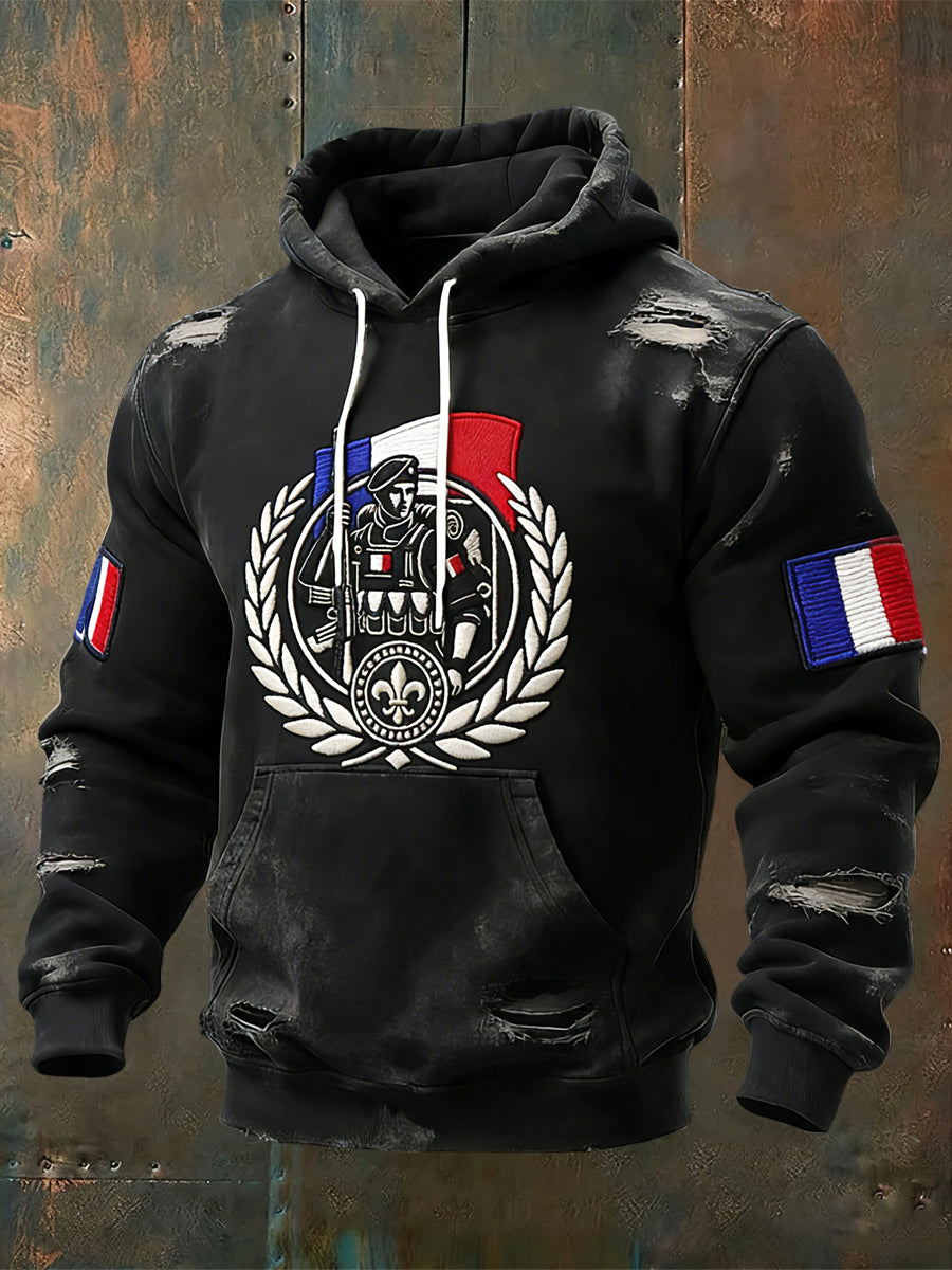 Sweat à Capuche Décontracté Soldat à Drapeau Français Délavé Vintage