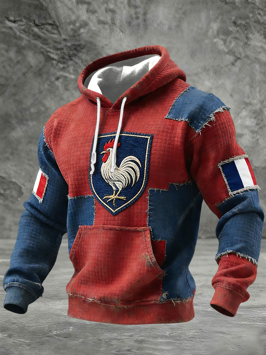 Rétro Français Coq Drapeau Patchwork Waffle Weave Casual Hoodie
