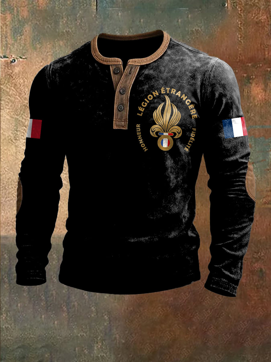 Rétro Français Légion Étrangère Badge Casual Henley Shirt