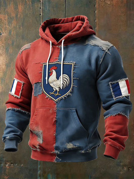 Sweat à capuche décontracté rétro coq français couleur bloquée