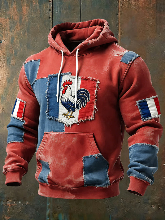 Sweat à Capuche Décontracté Rétro Drapeau Coq Français Patchwork
