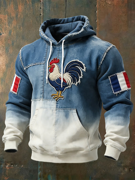 Sweat à capuche décontracté patchwork dégradé drapeau français délavé vintage