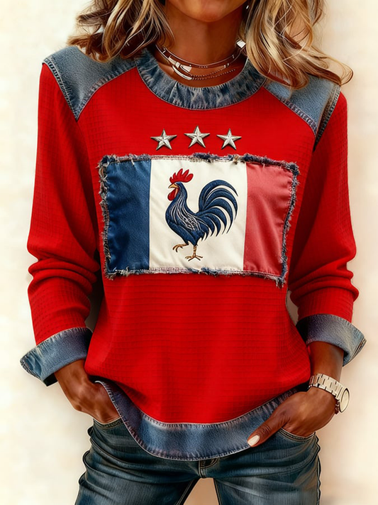 Haut en denim à motif patchwork Drapeau Français Le Coq Gaulois Femme