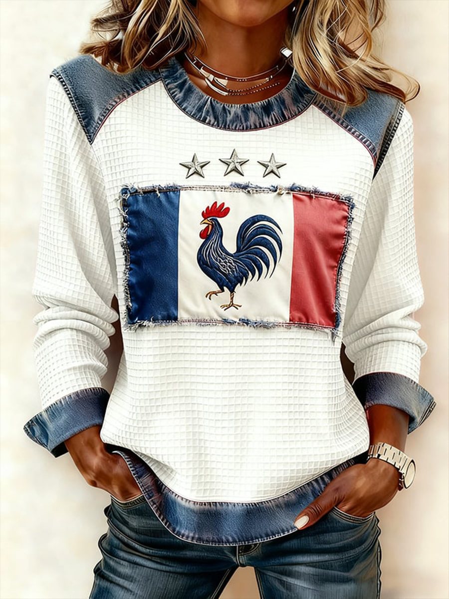Haut en denim à motif patchwork Drapeau Français Le Coq Gaulois Femme