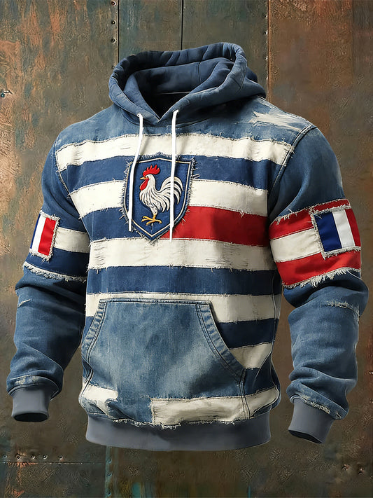 Sweat à capuche décontracté à rayures délavées avec drapeau français