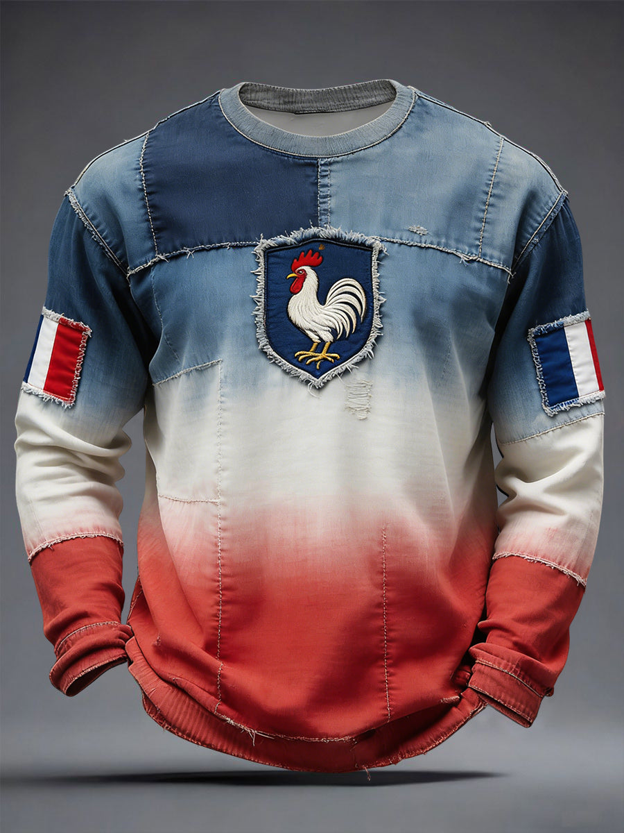 Drapeau français rétro Gradient Patchwork Waffle Weave T-shirt décontracté