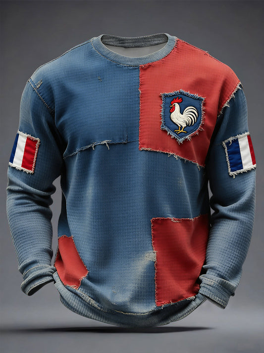 T-shirt décontracté rétro en gaufre à blocs de couleur coq français