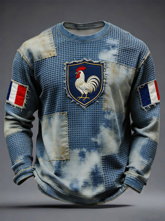 Rétro Français Coq Drapeau Patchwork Waffle Weave T-shirt Décontracté
