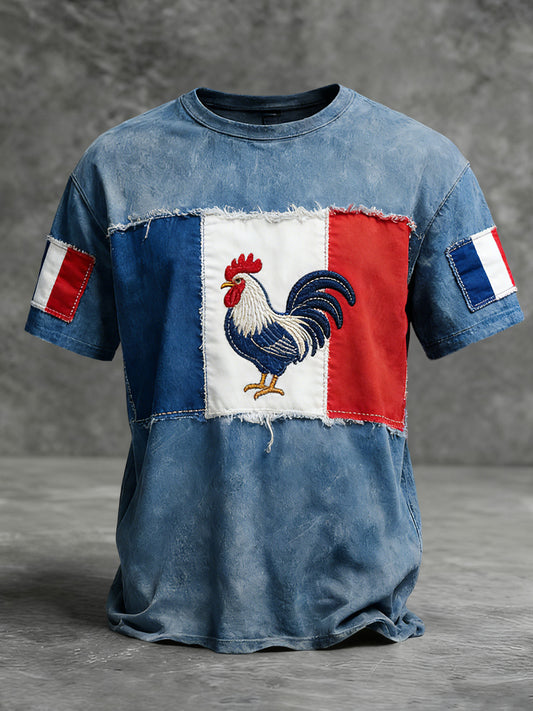 Vintage-Lavé Drapeau Français Patchwork T-shirt décontracté