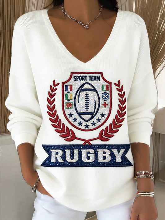Pull Femme Rugby Six Nations Imprimé à Paillettes Blanc Col V