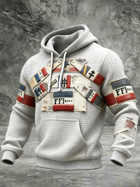 Sweat-shirt à capuche en coton à carreaux gris imprimé patchwork vintage français pour homme