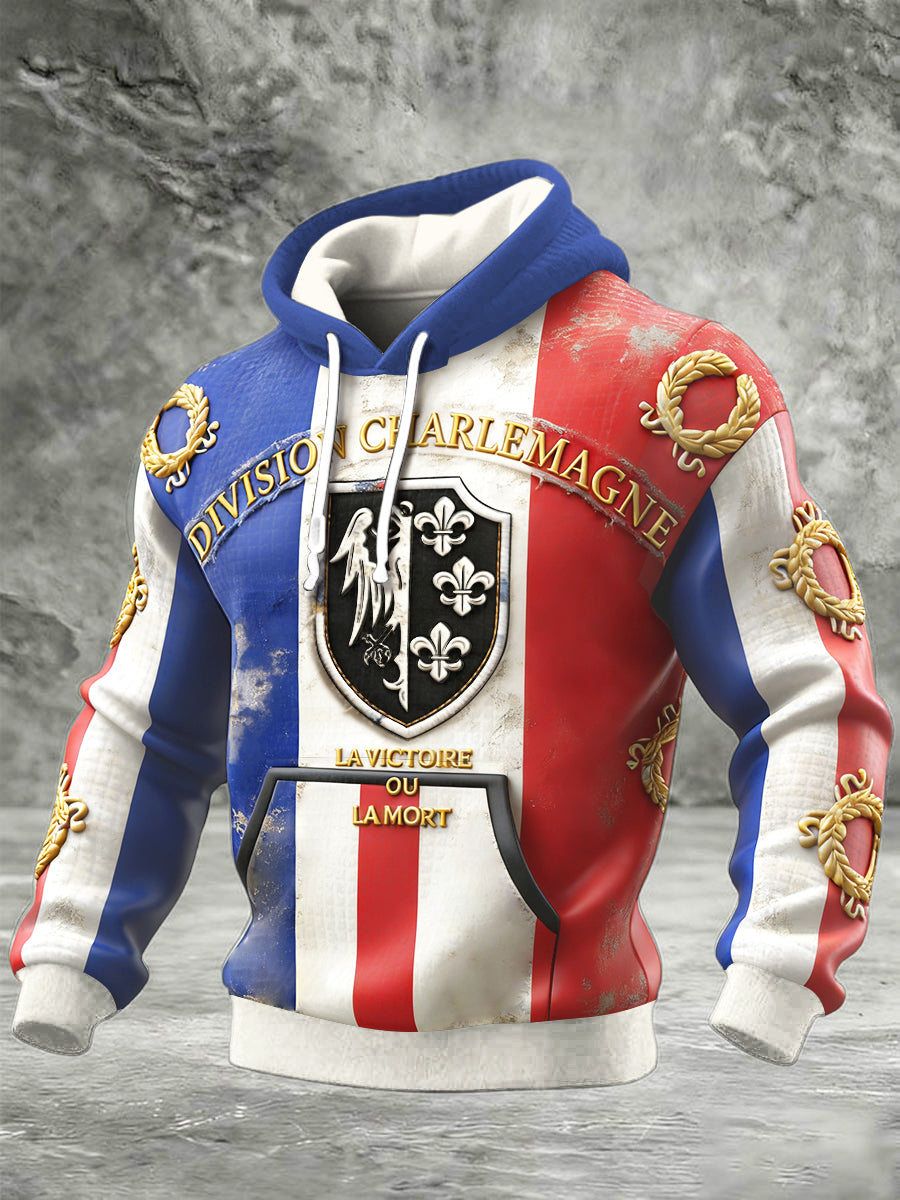 Sweat-shirt à capuche vintage imprimé drapeau français pour hommes