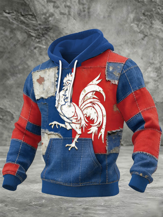 Français Coq Patchwork Vintage Imprimer Check coton Sweat à capuche pour hommes