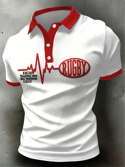 Polo Homme Blanc Imprimé Six Nations Patchwork Maillot À Manches Courtes