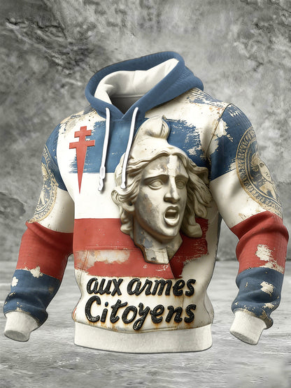 Français Vintage Sculpture Art Print Check coton Sweat à capuche pour hommes