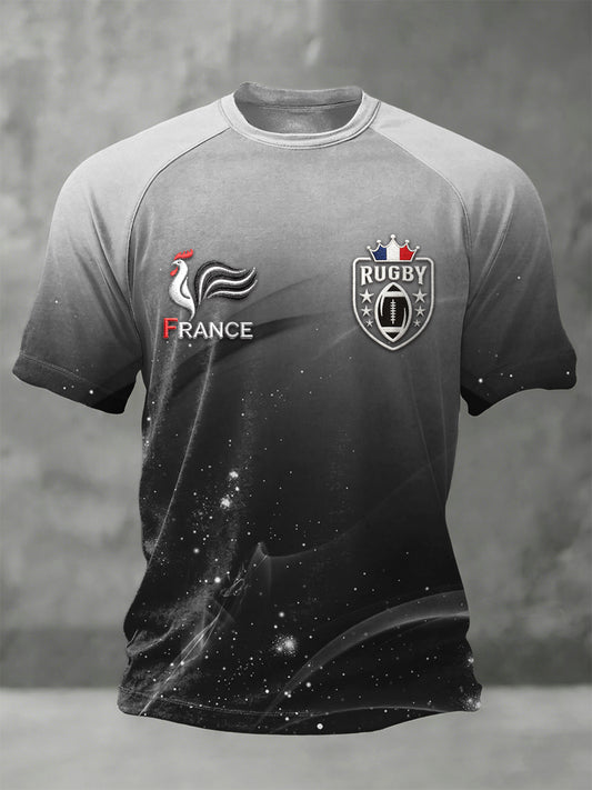 T-shirt décontracté en jersey à manches raglan imprimé dégradé gris de rugby français pour hommes