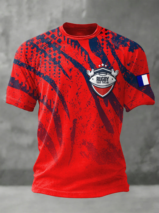 T-shirt à manches raglan décontracté à imprimé rugby français rouge pour homme