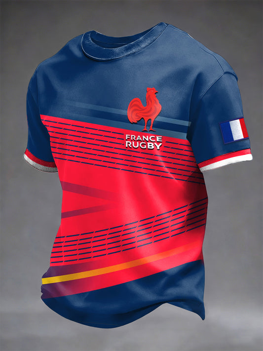 T-shirt en jersey décontracté à imprimé coq de rugby français pour hommes