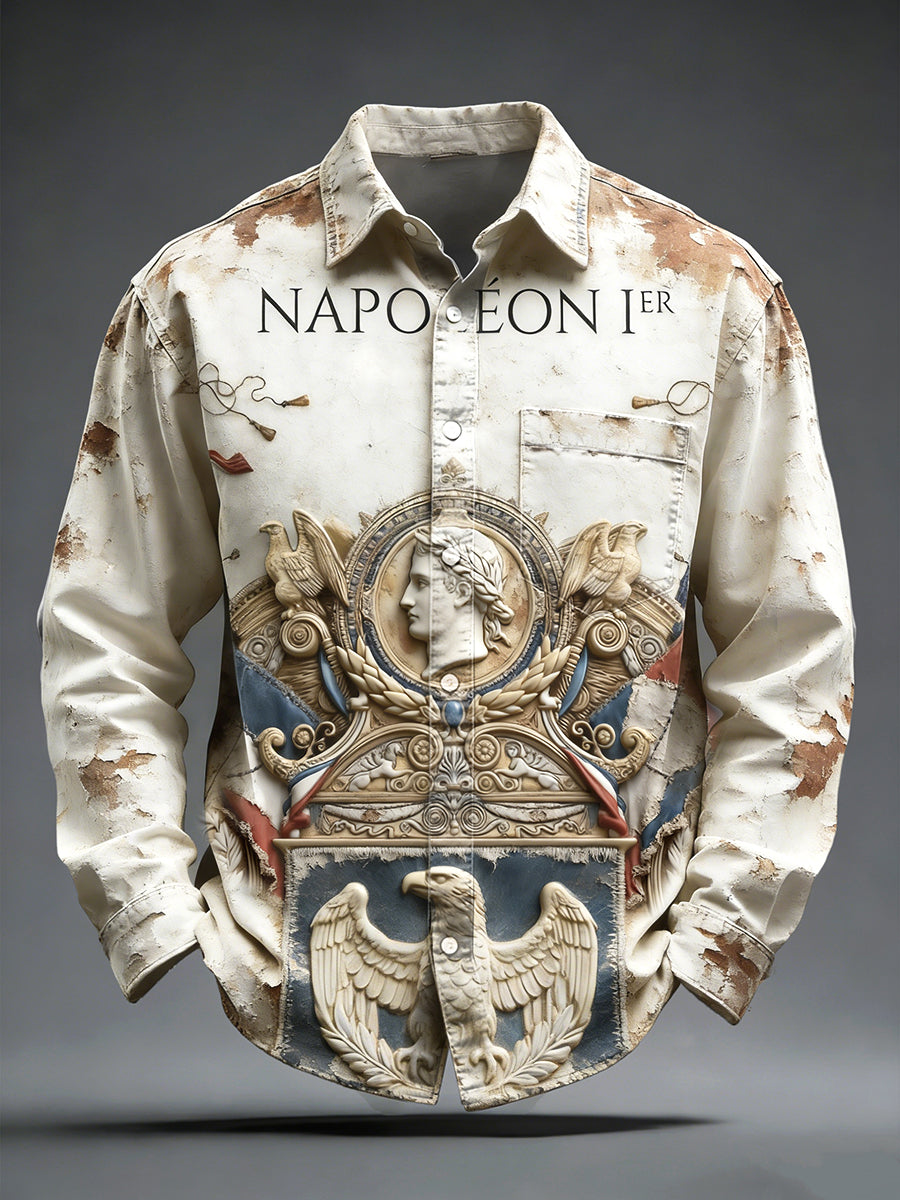 Polo décontracté à manches longues pour hommes French Napoleon Vintage Patchwork Print