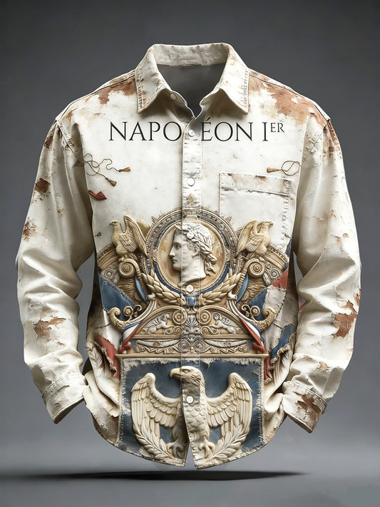 Polo décontracté à manches longues pour hommes French Napoleon Vintage Patchwork Print