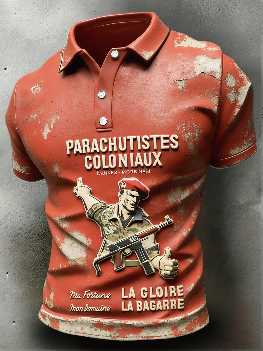 Polo à manches courtes décontracté rouge imprimé art vintage français pour homme